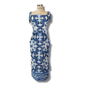 Tuckernuck women's white/blue Majolica tile w/ shoulder ties midi dress sz XL